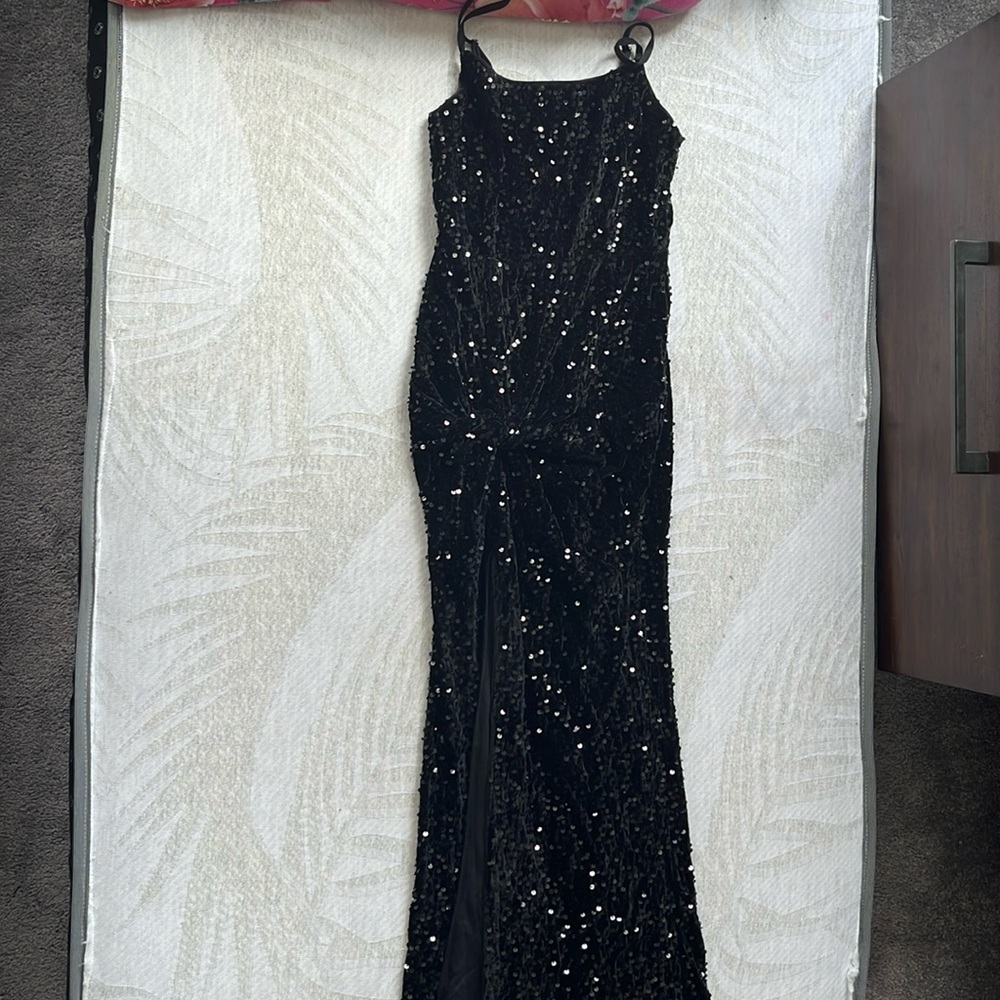 Prom dress, black with sequins, very long with a leg slit perfect for prom